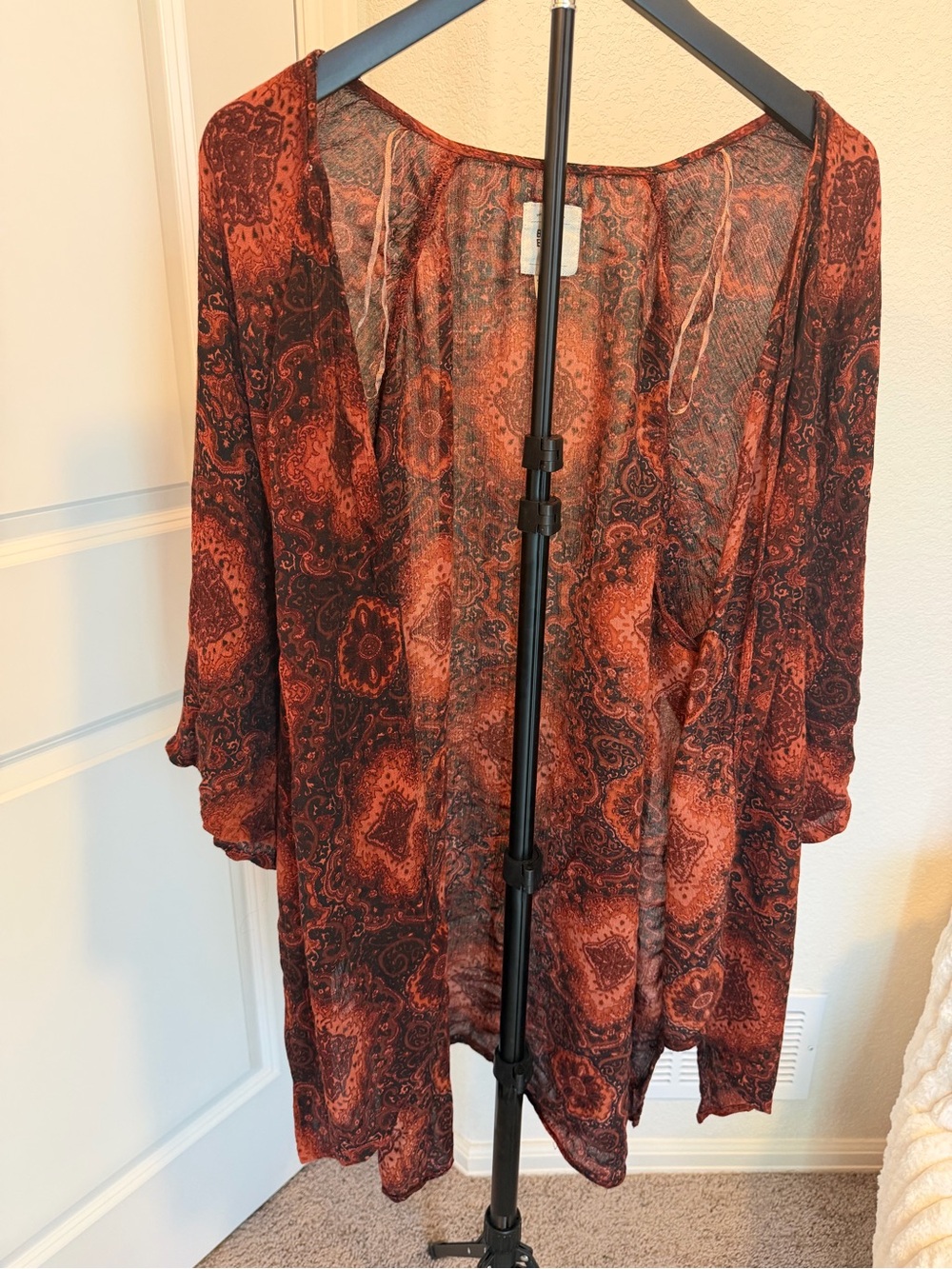 Billabong Sheer Boho Draped Kimono Cover Up Paisley Rust Black S/M